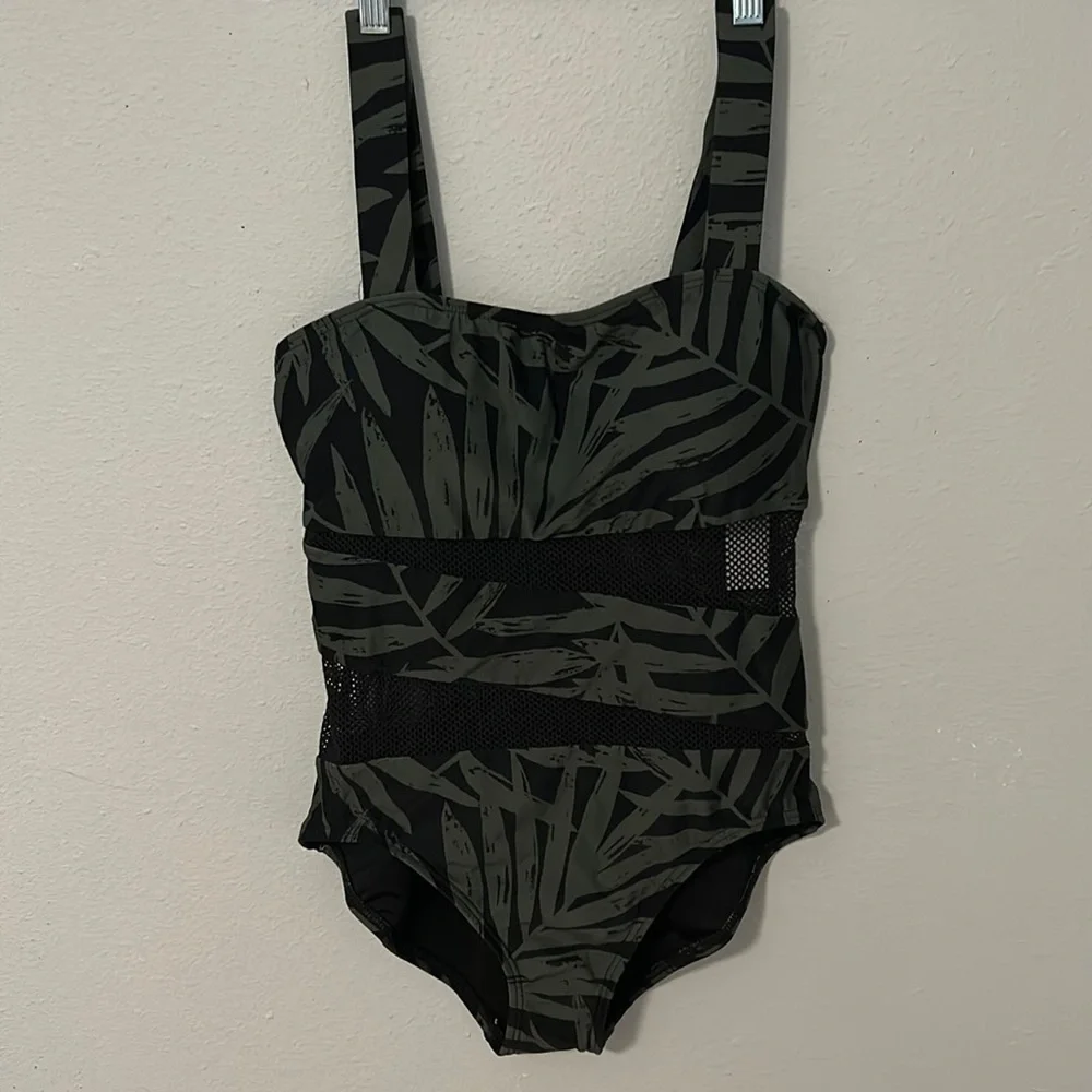 NWT Carmen Marc Valvo one piece swimsuit. Black w/green palms, mesh, size 12.